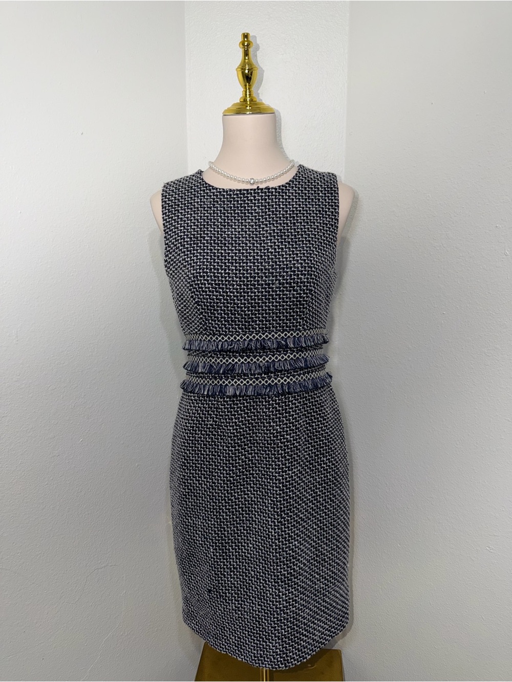 Classic Textured Sheath Dress in Navy and White
